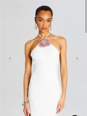 Retrofete White Halter “Lexie” Mini Dress with Pink Floral Neckpiece